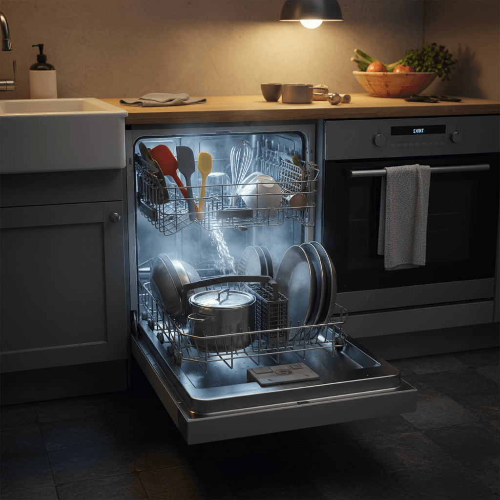 Open dishwasher loaded with kitchen tools mid-cycle