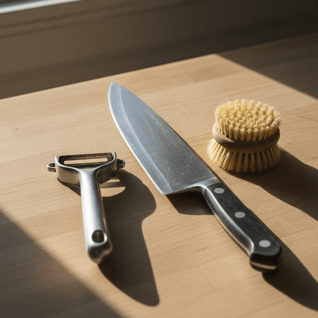 Minimal kitchen tools on a wooden countertop