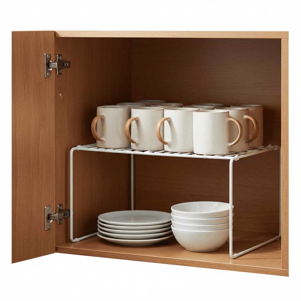Adjustable shelf riser inside a kitchen cabinet with mugs