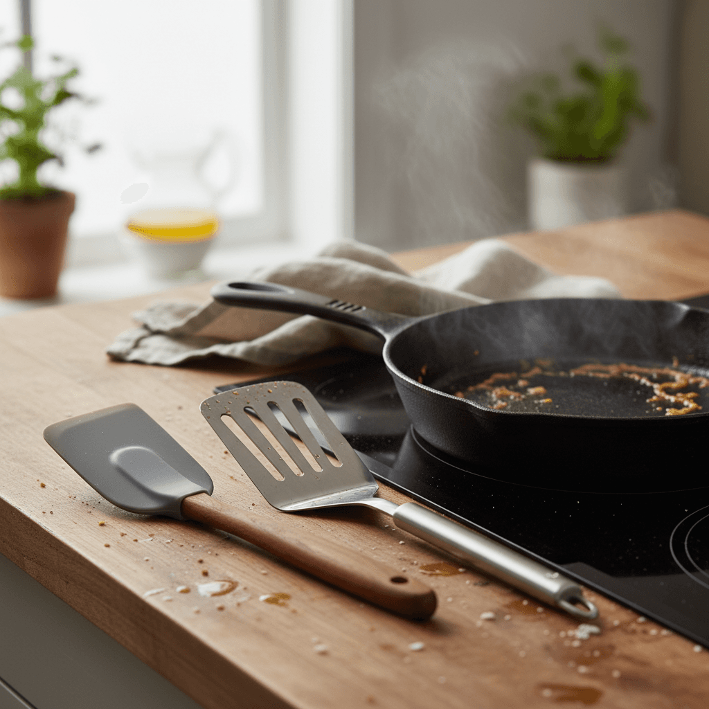 Silicone and stainless steel spatulas on a kitchen counter