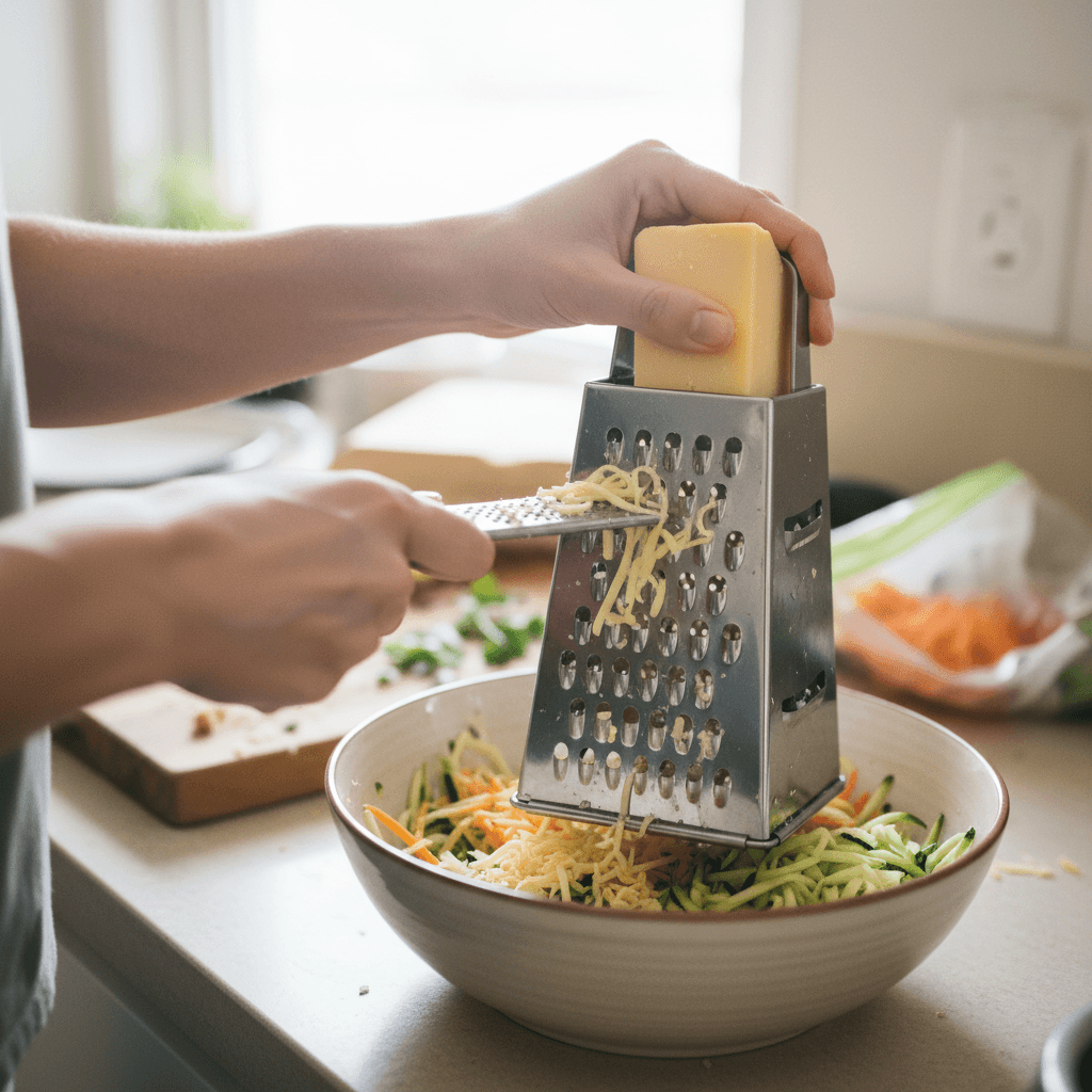 Hands using a box grater over a glass bowl