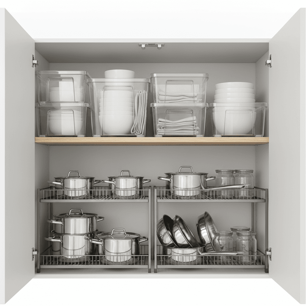 Clear storage bins and wire racks inside a kitchen cabinet