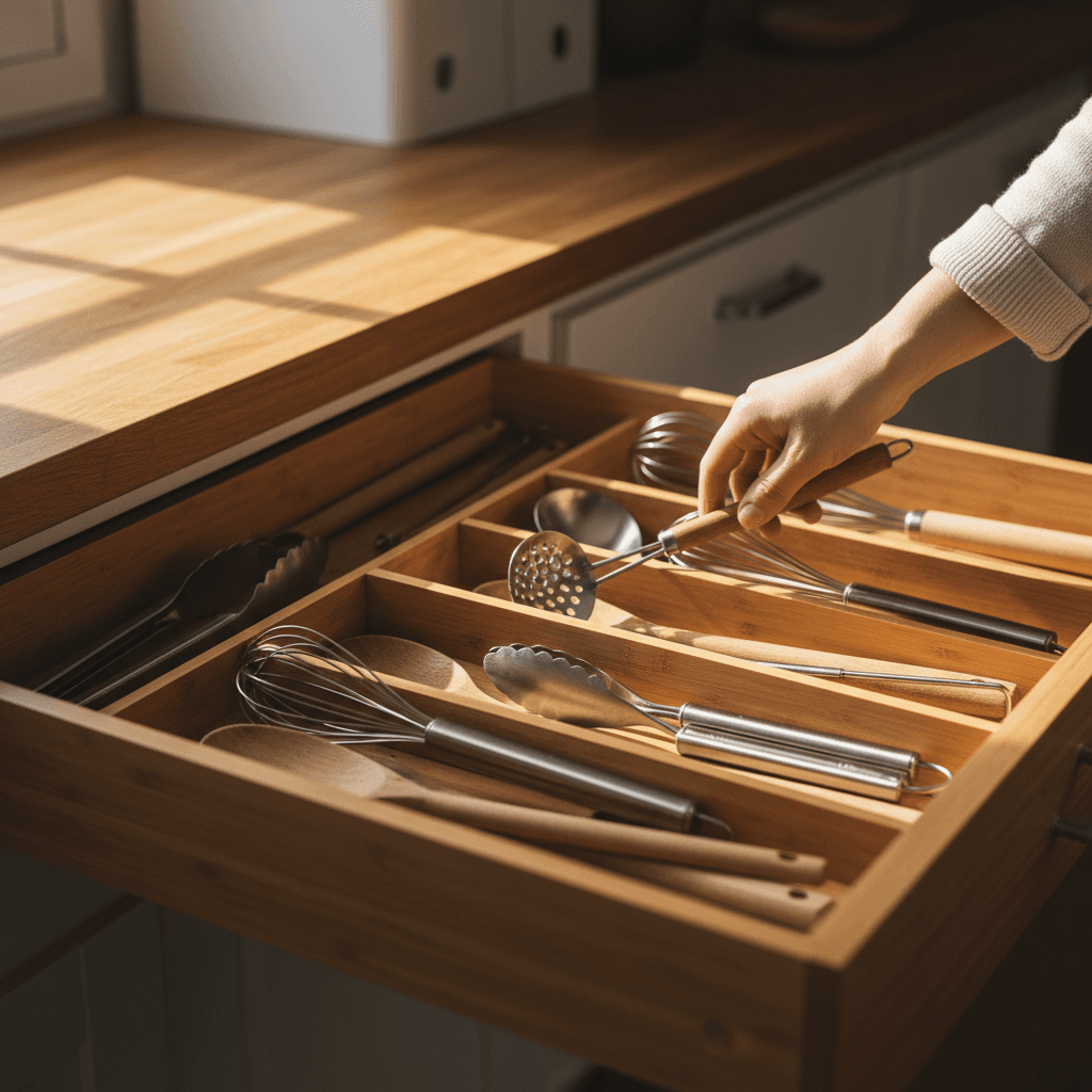 Hand reaching into an organized kitchen drawer with bamboo dividers