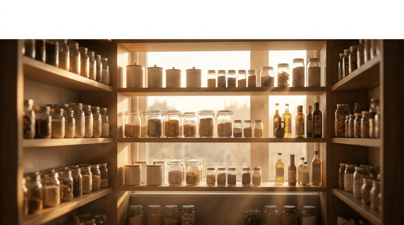 Glass pantry jar with granola and metal scoop on a shelf